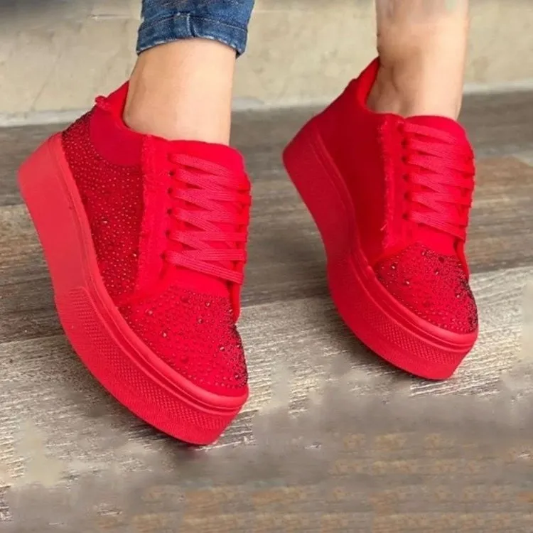 Women's lace-up casual shoes with rhinestone decoration and thick rubber soles in multiple colours