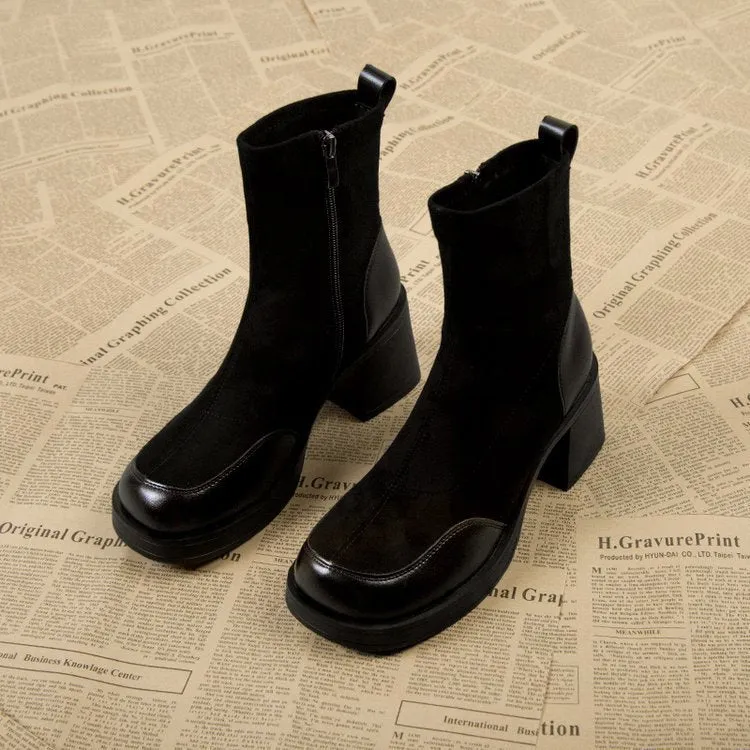 Women's black Martin boots with chunky heel and thick rubber sole, side view