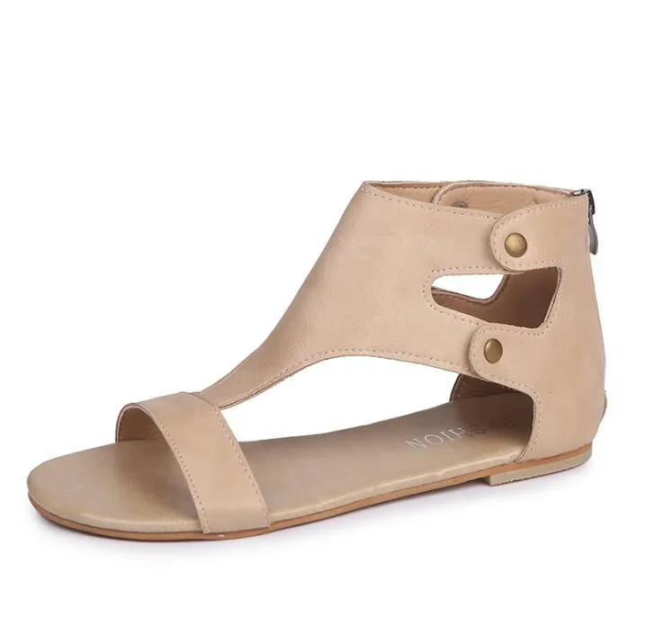 Flat sandals with artificial PU upper, round toe, flat heel, in beige colour