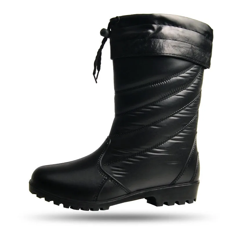 Women's black PVC rain boots with mid-calf tube height and plush lining