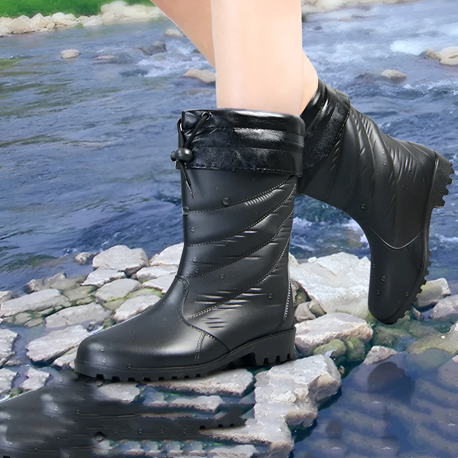 Women's black PVC rain boots with mid-calf tube height and plush lining