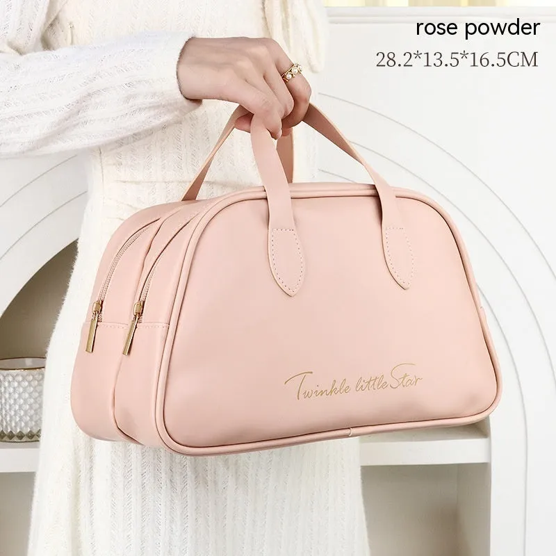 Large capacity PU leather travel toiletry bag in caramel mocha colour showing dry wet separation compartments.