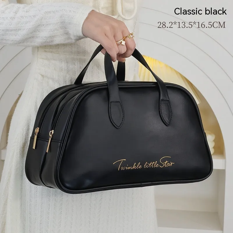 Large capacity PU leather travel toiletry bag in caramel mocha colour showing dry wet separation compartments.