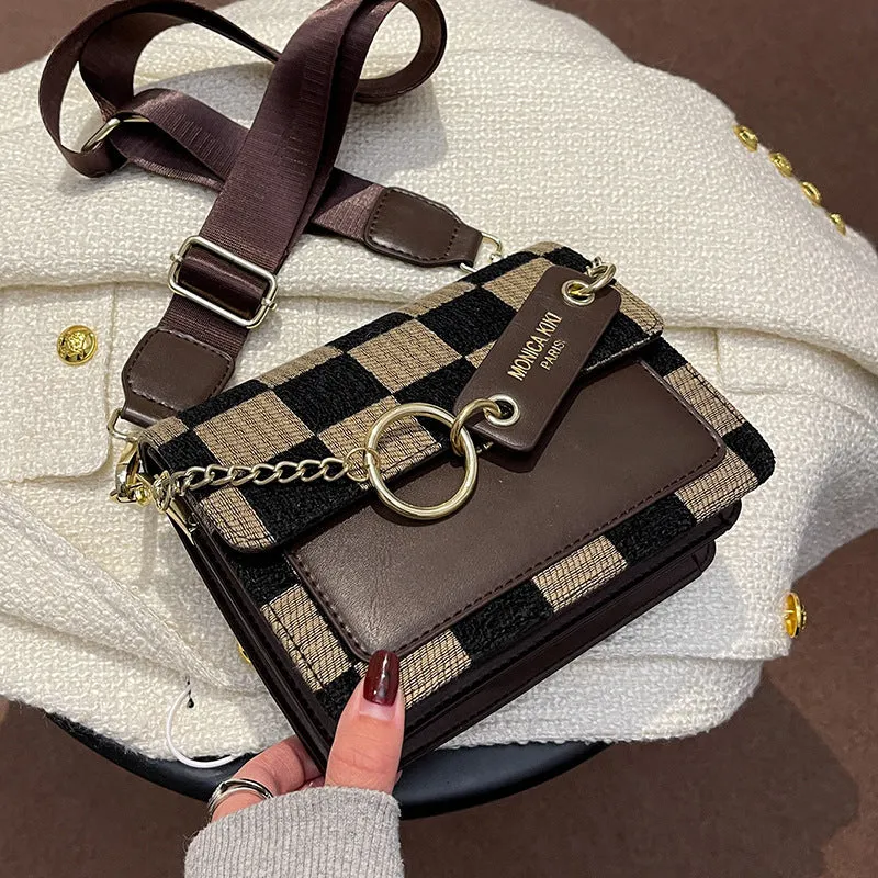 Fashion one-shoulder women's crossbody bag in woven fabric, 19x15x8.5cm, available in black, brown, and coffee