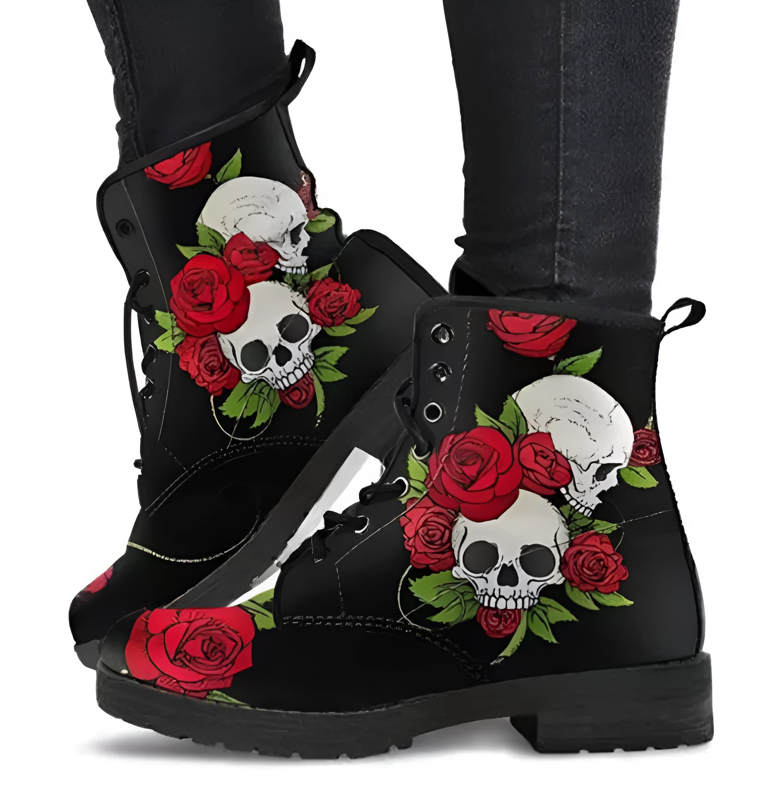 Women's printed high-top martin boots with artificial PU upper, round toe, lace-up front, low square heel, in purple colour