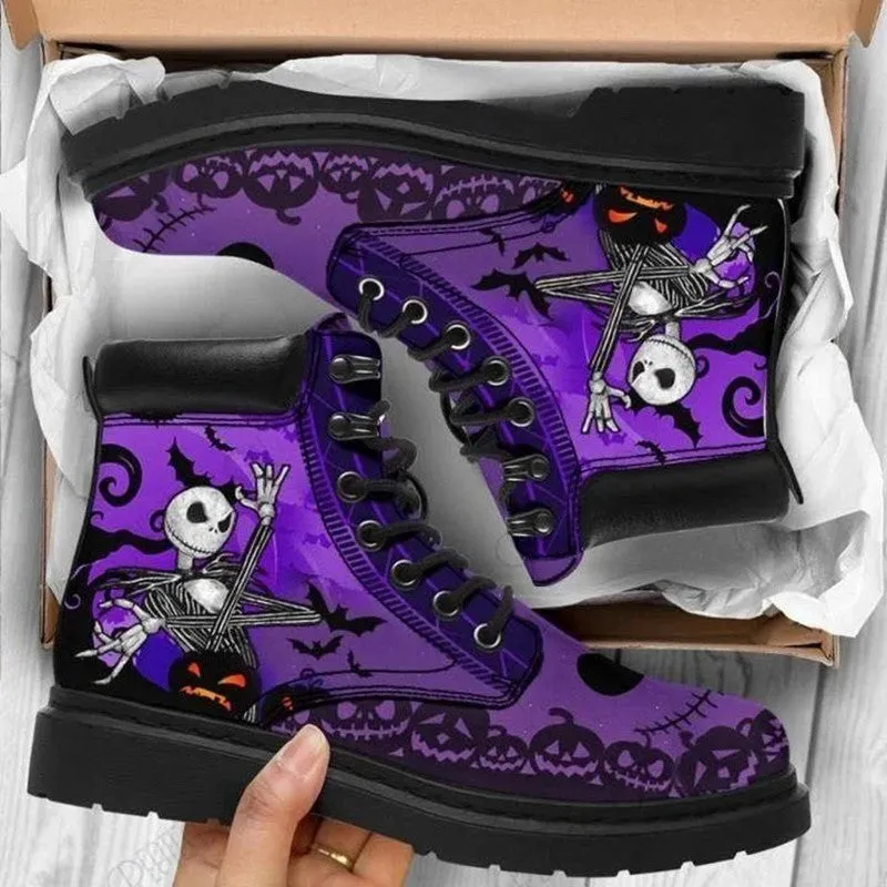 Women's printed high-top martin boots with artificial PU upper, round toe, lace-up front, low square heel, in purple colour