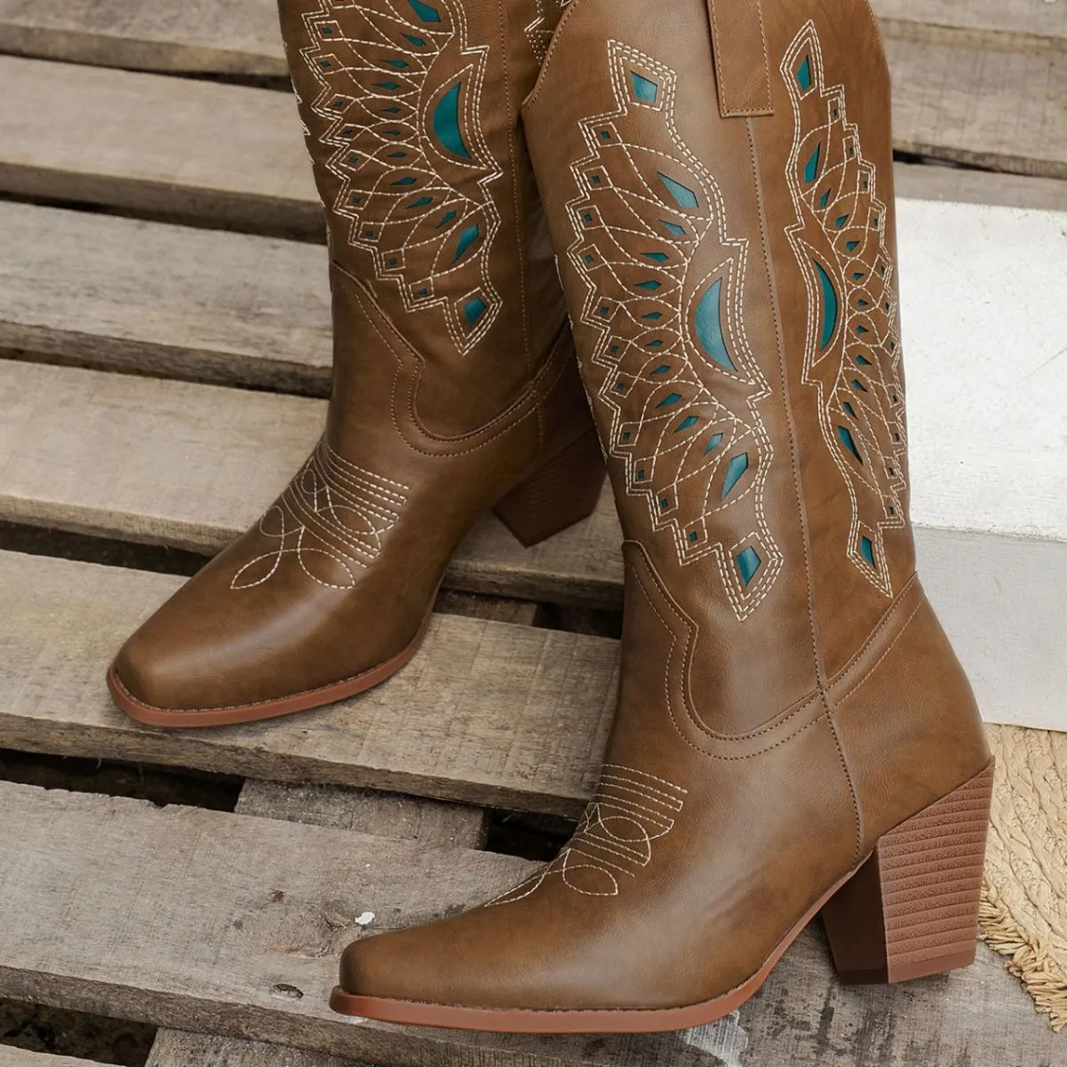 Embroidered square head knight boots for women in camel with mid heel and artificial PU upper