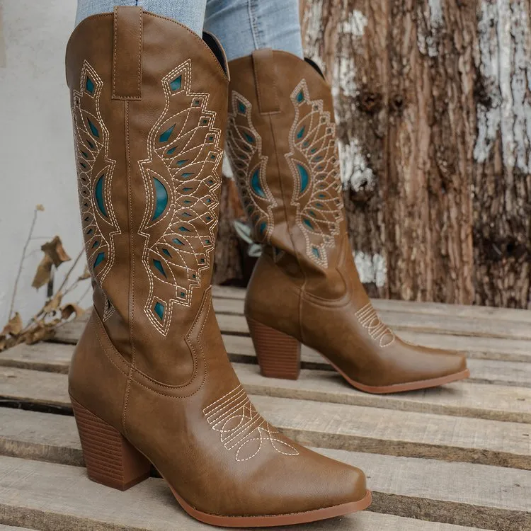 Embroidered square head knight boots for women in camel with mid heel and artificial PU upper