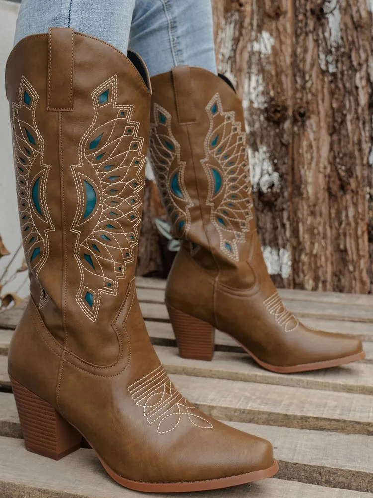 Embroidered square head knight boots for women in camel with mid heel and artificial PU upper