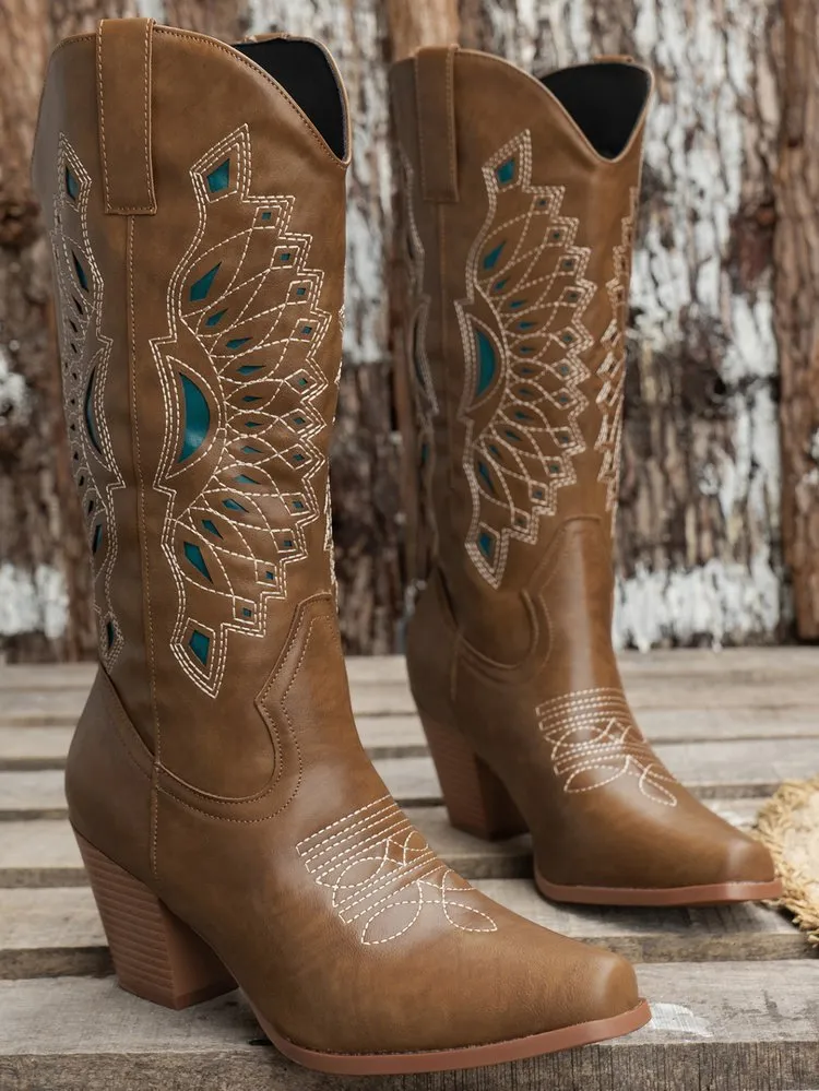 Embroidered square head knight boots for women in camel with mid heel and artificial PU upper