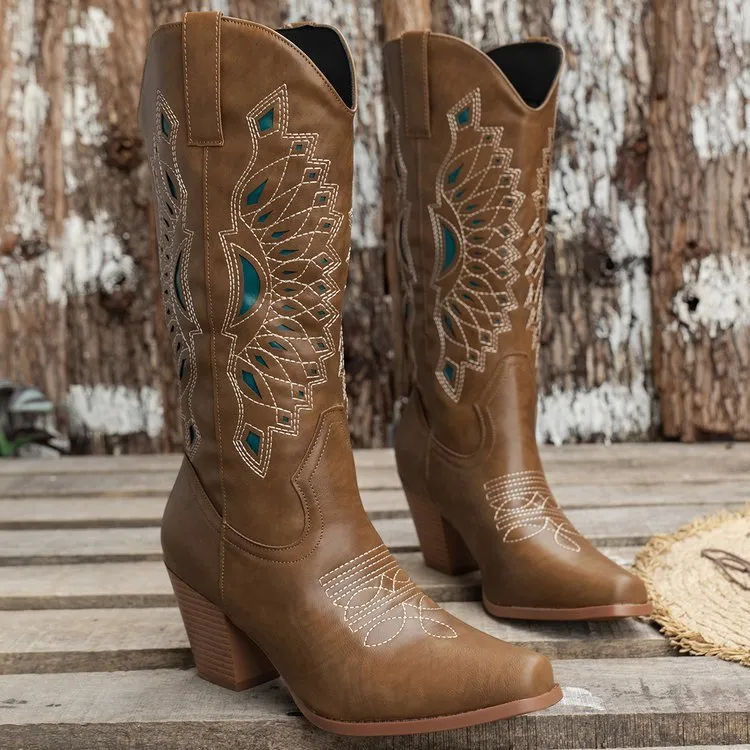 Embroidered square head knight boots for women in camel with mid heel and artificial PU upper