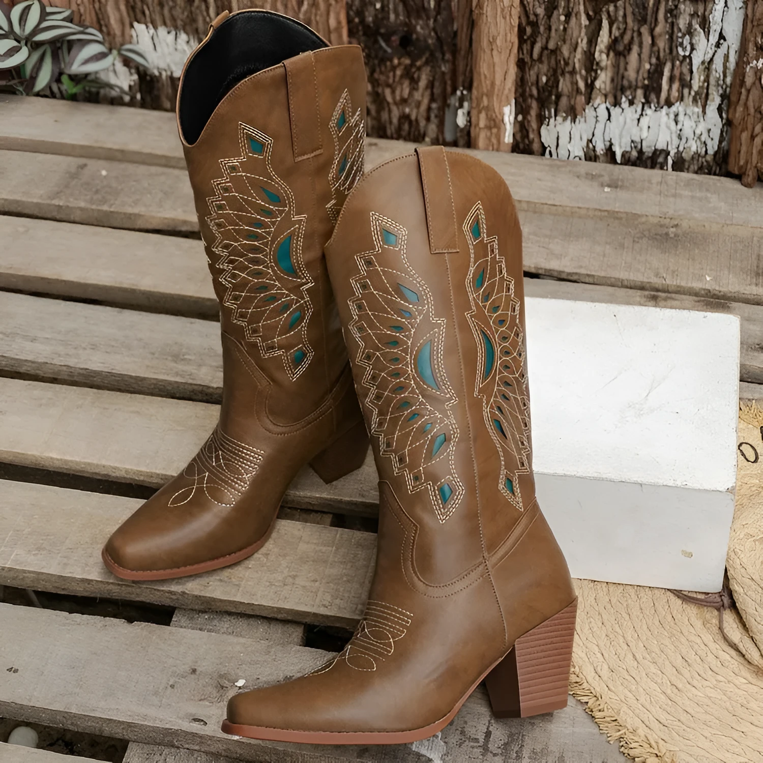 Embroidered square head knight boots for women in camel with mid heel and artificial PU upper