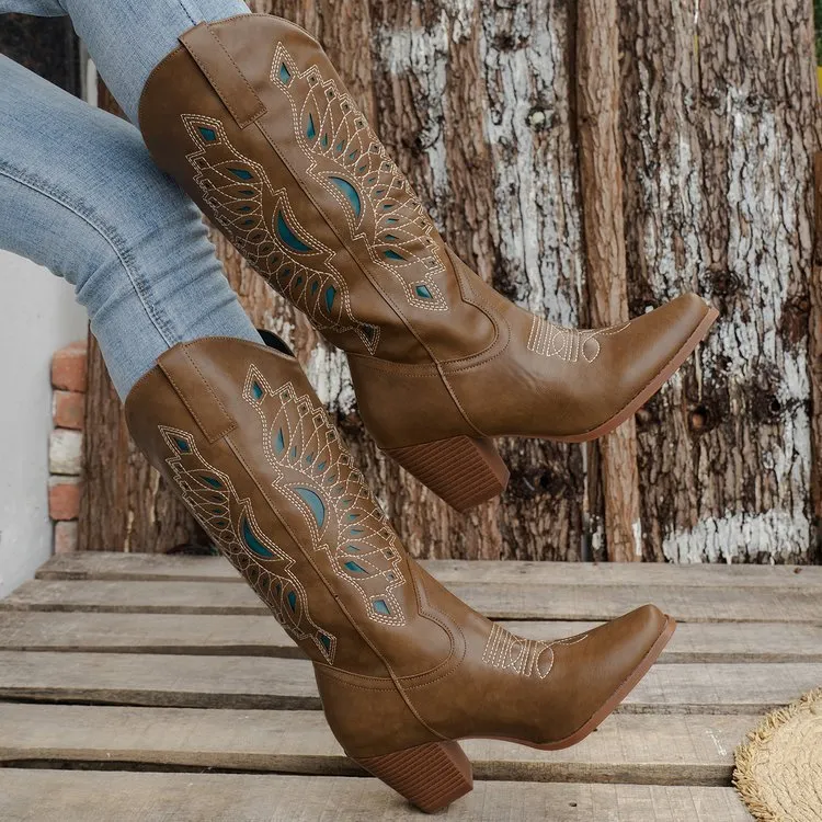 Embroidered square head knight boots for women in camel with mid heel and artificial PU upper