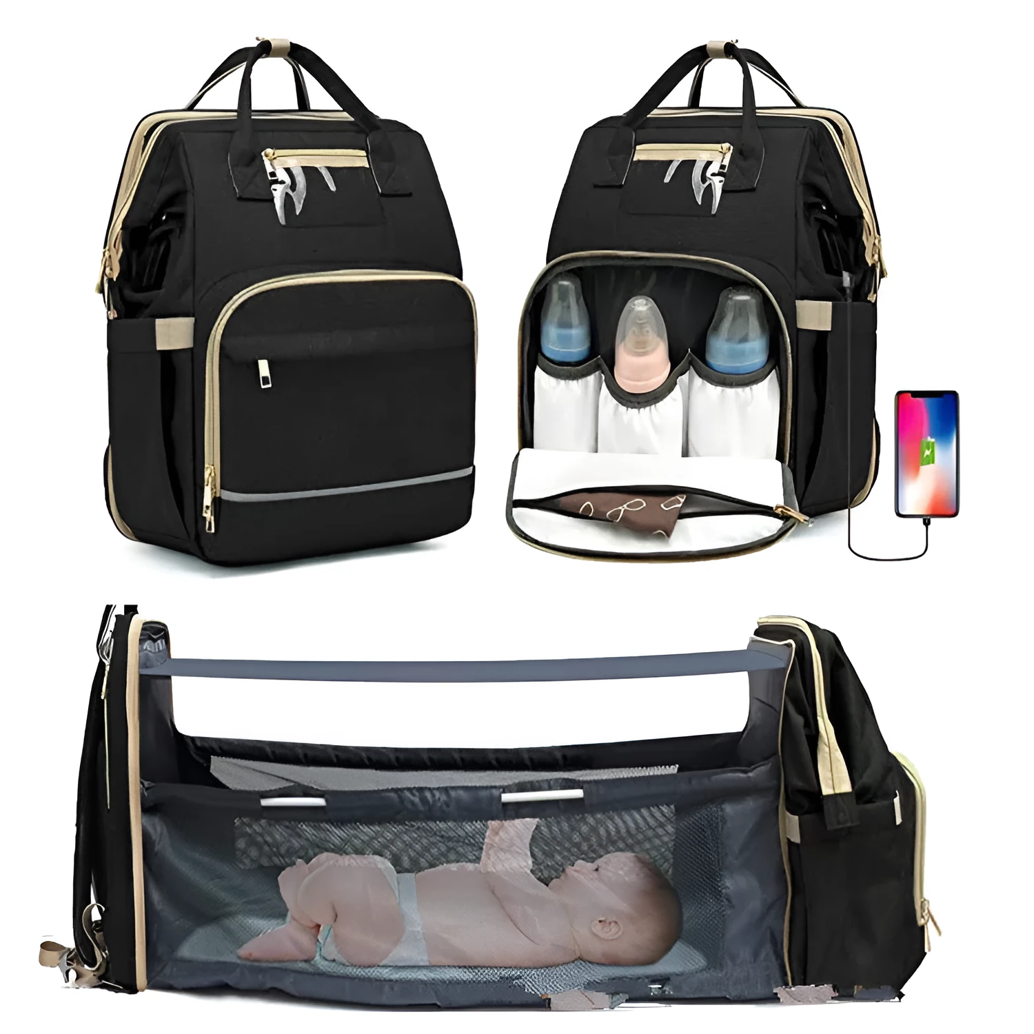 Large shell-shaped polyester travel mummy bag diaper replacement crib portable cradle in black with lid and three shoulder straps