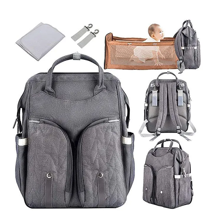 Large shell-shaped polyester travel mummy bag diaper replacement crib portable cradle in black with lid and three shoulder straps