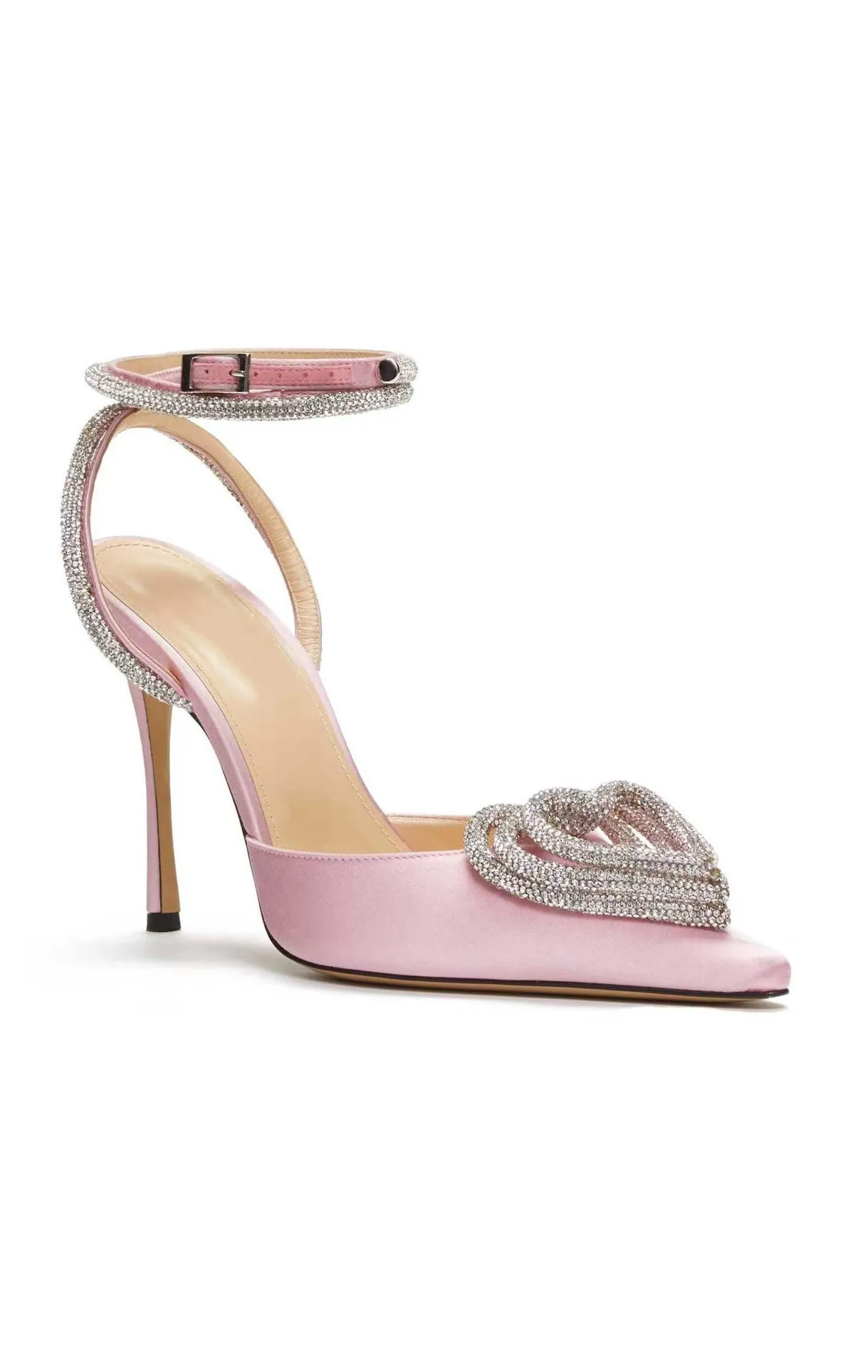 Women's pink satin sandals with heart rhinestone, pointed toe, and cross strap on a 9.5cm heel.
