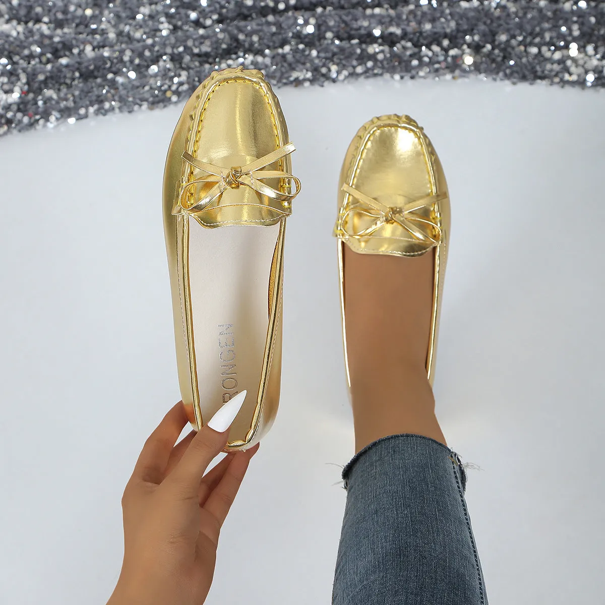 Casual bowknot flat shoes women soft-soled loafers slip-on round toe patent leather black