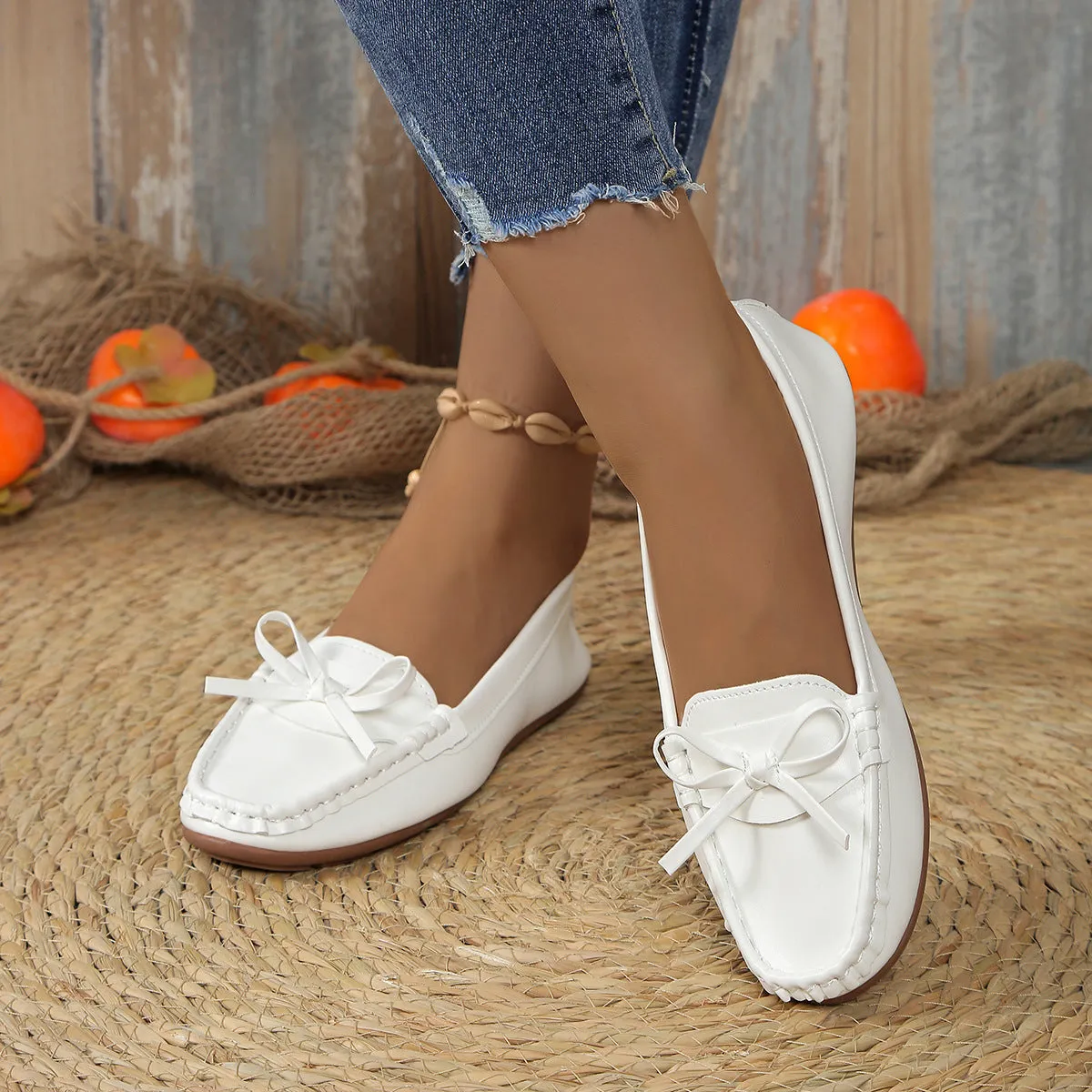 Casual bowknot flat shoes women soft-soled loafers slip-on round toe patent leather black