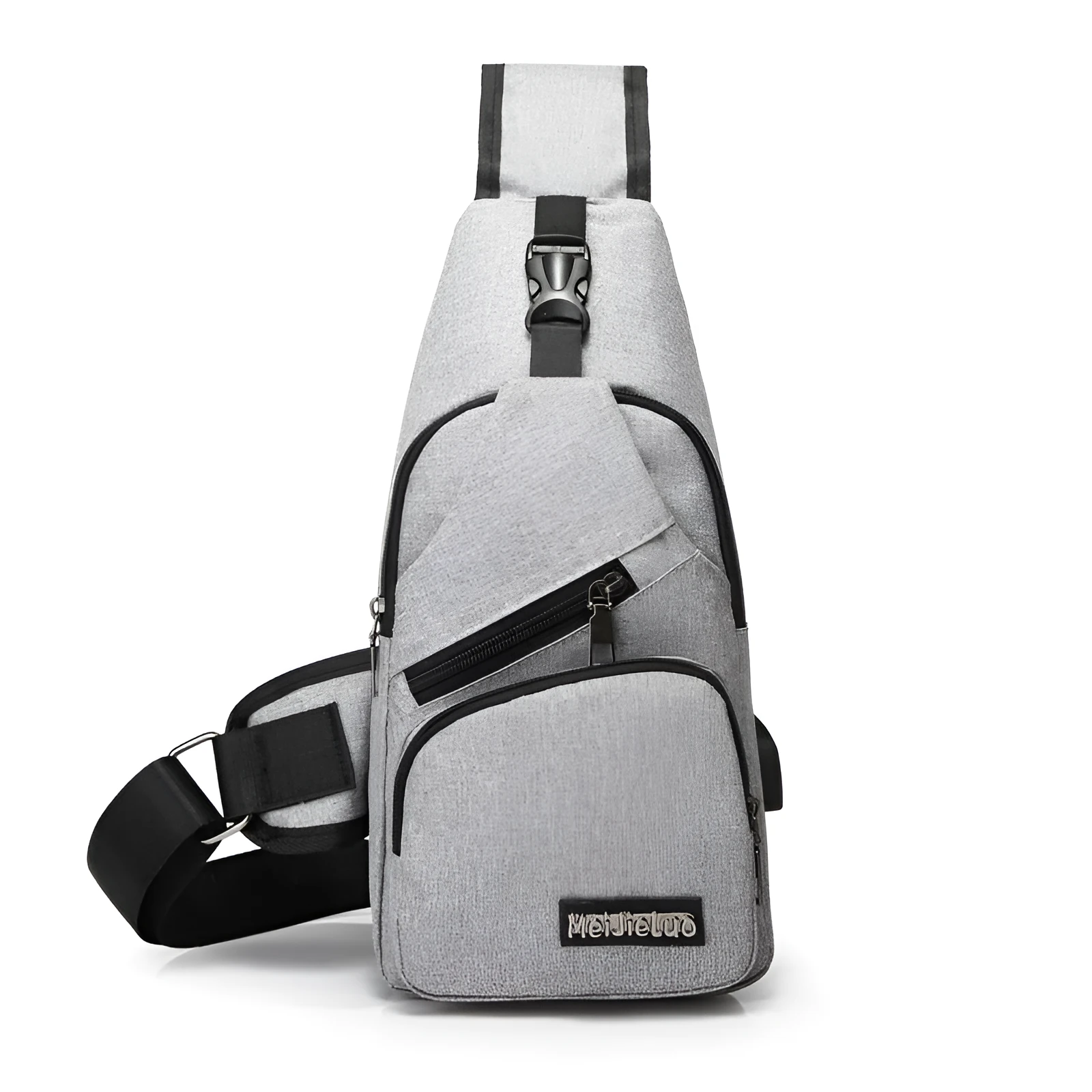 Men's USB charging chest bag Oxford cloth outdoor shoulder bag in gray with front zip pocket and chrome hardware