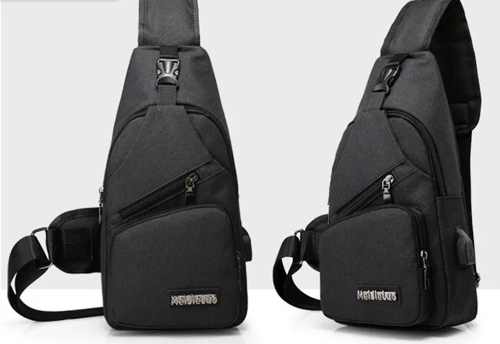 Men's USB charging chest bag Oxford cloth outdoor shoulder bag in gray with front zip pocket and chrome hardware