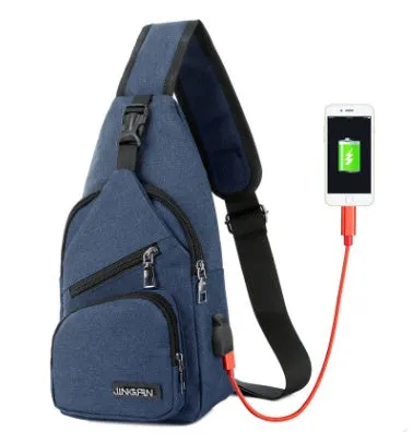 Men's USB charging chest bag Oxford cloth outdoor shoulder bag in gray with front zip pocket and chrome hardware