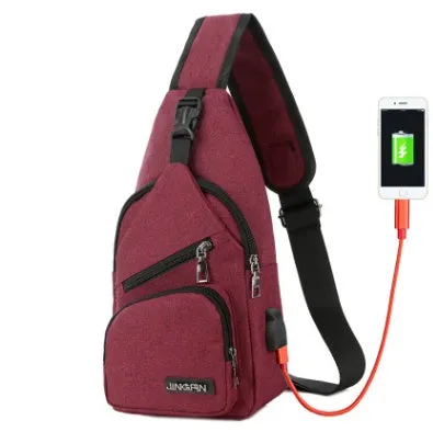 Men's USB charging chest bag Oxford cloth outdoor shoulder bag in gray with front zip pocket and chrome hardware
