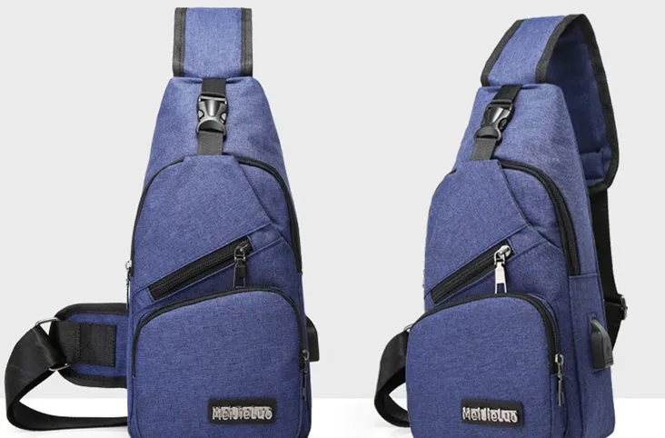 Men's USB charging chest bag Oxford cloth outdoor shoulder bag in gray with front zip pocket and chrome hardware