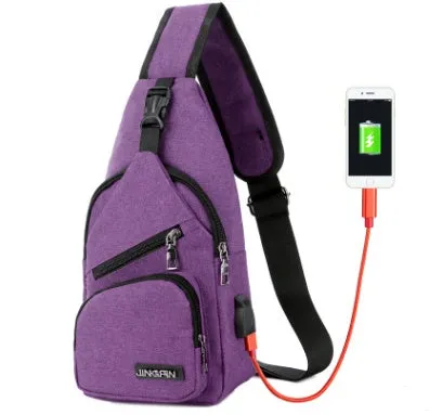 Men's USB charging chest bag Oxford cloth outdoor shoulder bag in gray with front zip pocket and chrome hardware