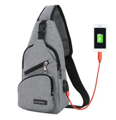 Men's USB charging chest bag Oxford cloth outdoor shoulder bag in gray with front zip pocket and chrome hardware