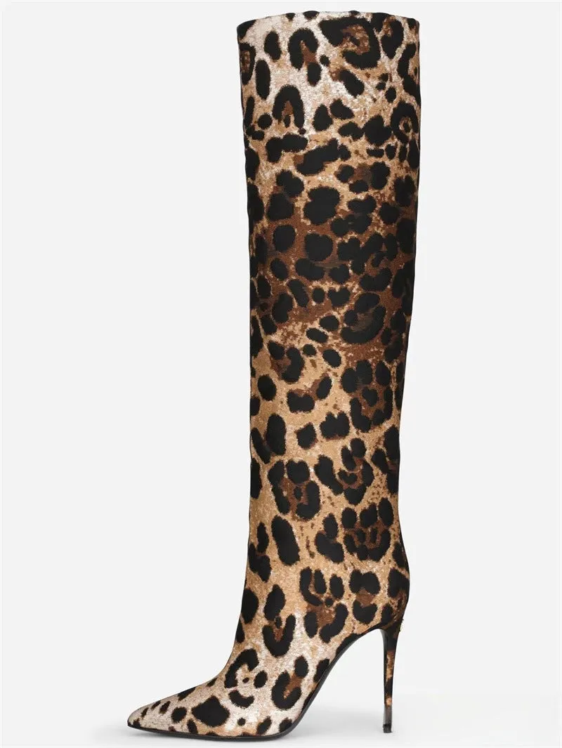 Women's leopard print pointed stiletto heel boots with side zipper on display