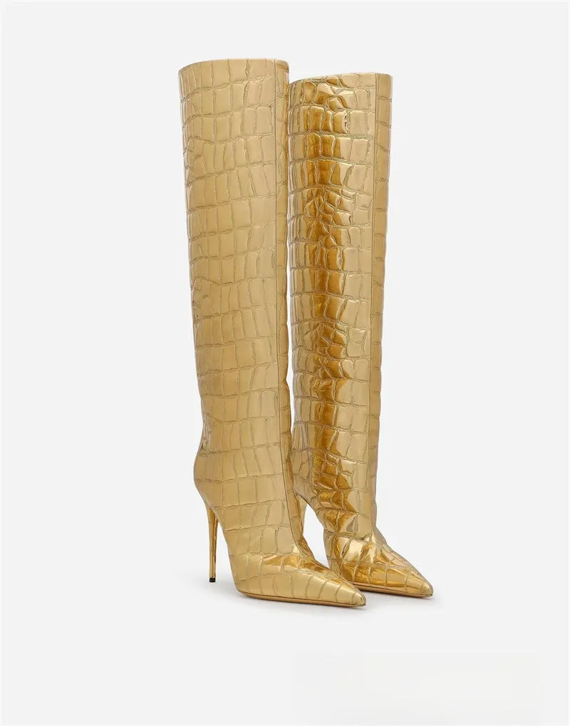 Women's leopard print pointed stiletto heel boots with side zipper on display