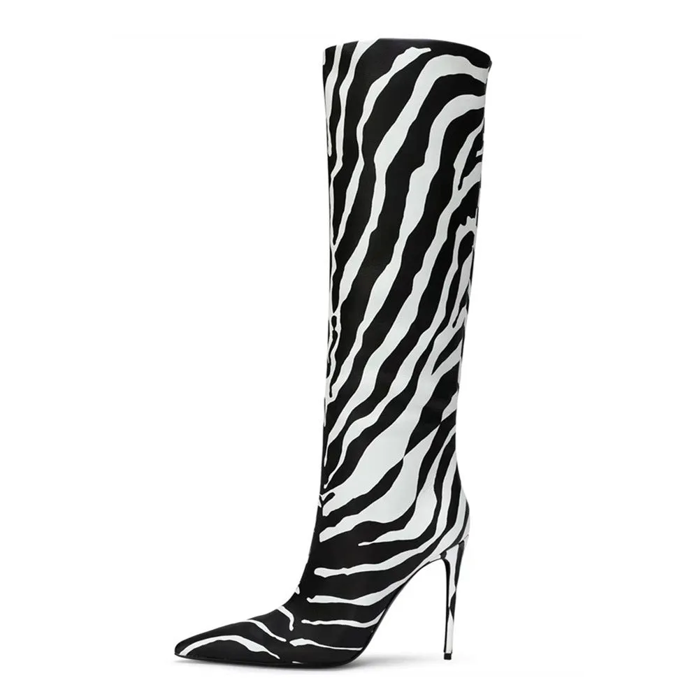 Women's leopard print pointed stiletto heel boots with side zipper on display