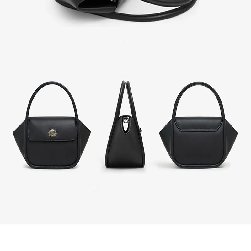 Women's leather wing shape tote bag with cross-body strap in four colour options showing buckle detail