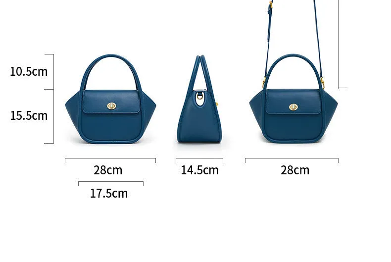 Women's leather wing shape tote bag with cross-body strap in four colour options showing buckle detail