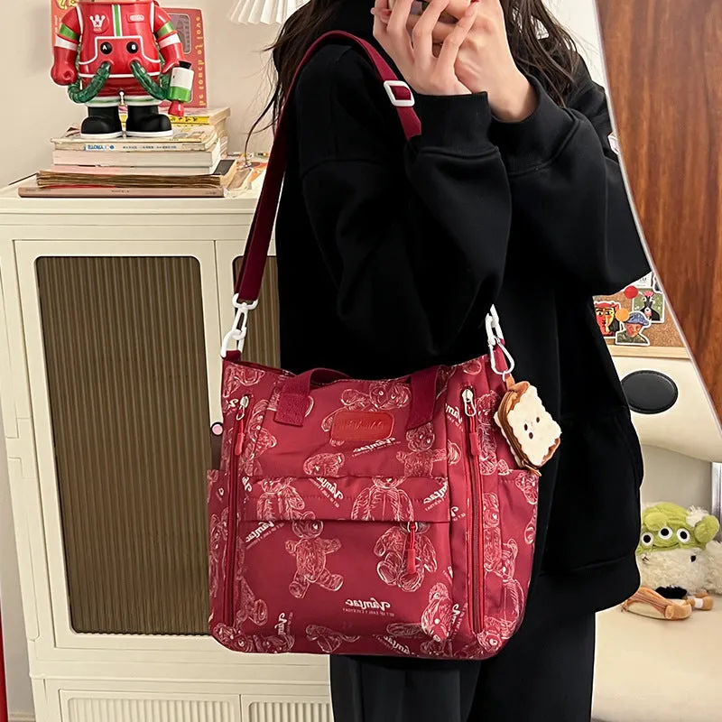 Bear print large capacity multi-pocket nylon tote bag in milky white