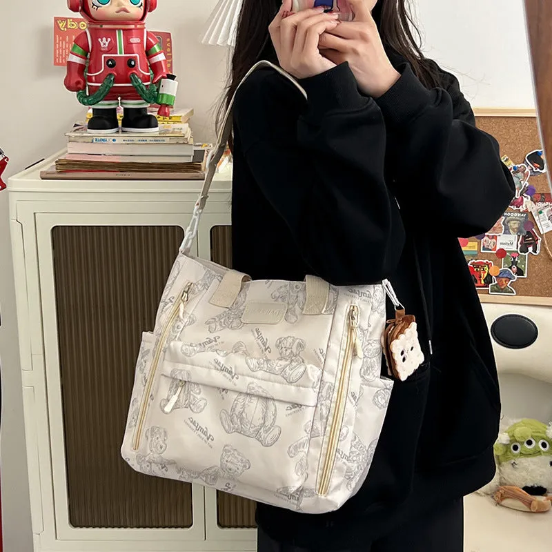 Bear print large capacity multi-pocket nylon tote bag in milky white