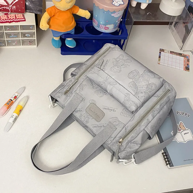 Bear print large capacity multi-pocket nylon tote bag in milky white