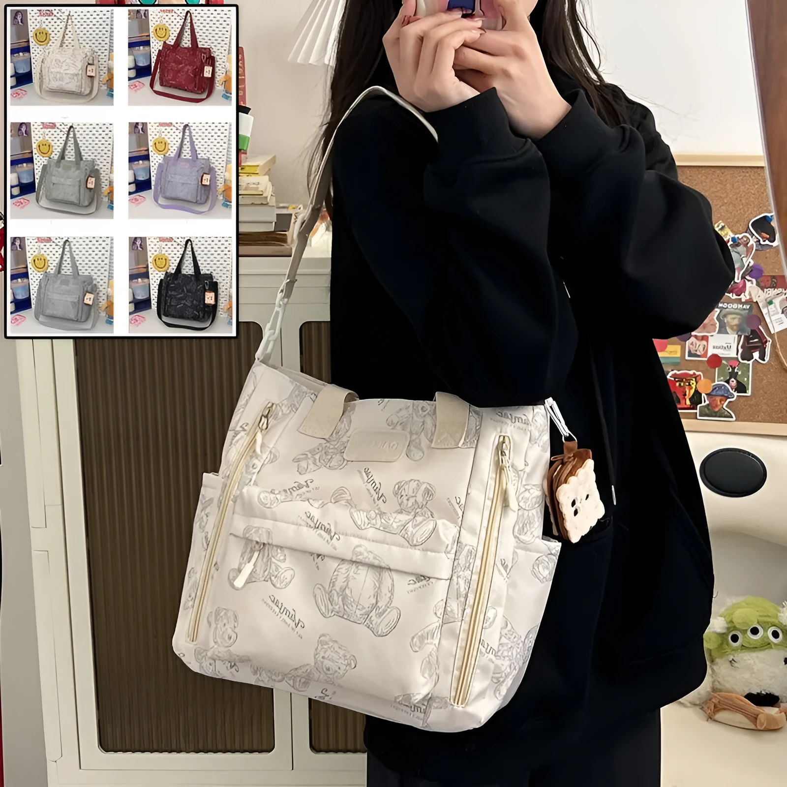 Bear print large capacity multi-pocket nylon tote bag in milky white