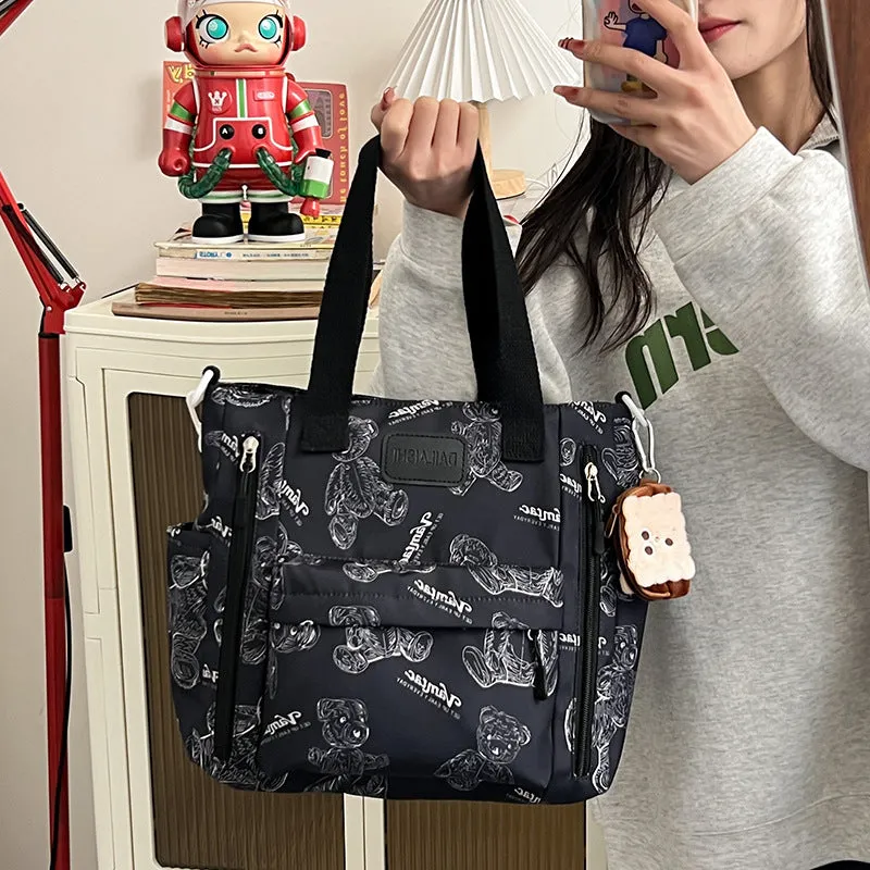 Bear print large capacity multi-pocket nylon tote bag in milky white