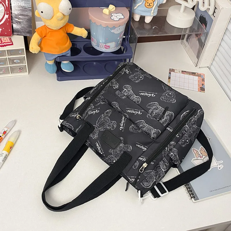 Bear print large capacity multi-pocket nylon tote bag in milky white
