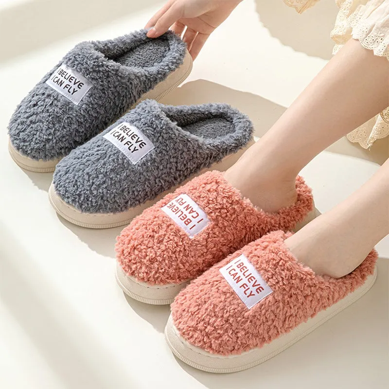 Letter design thick sole home slippers in dark grey with plush upper and non-slip PVC sole