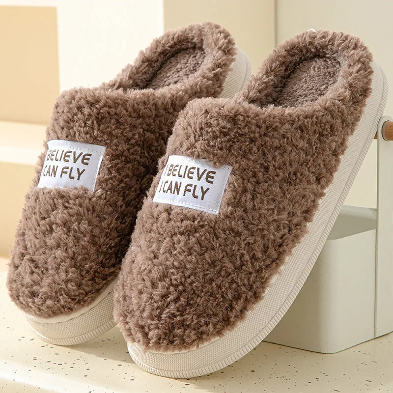 Letter design thick sole home slippers in dark grey with plush upper and non-slip PVC sole