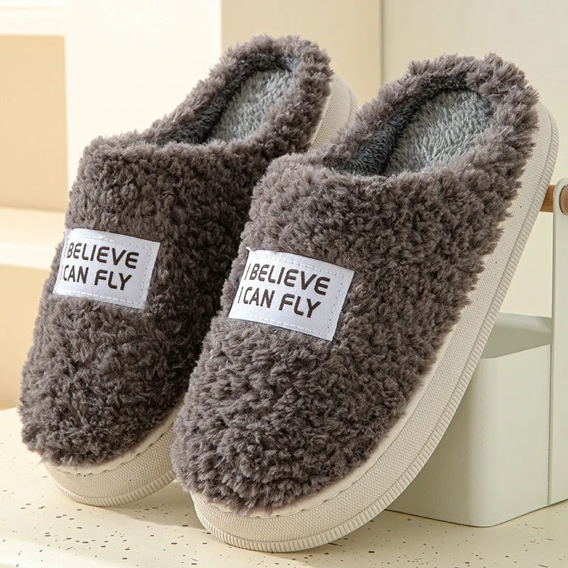 Letter design thick sole home slippers in dark grey with plush upper and non-slip PVC sole