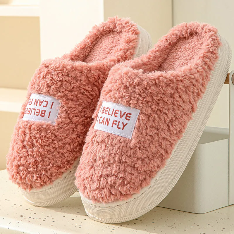 Letter design thick sole home slippers in dark grey with plush upper and non-slip PVC sole