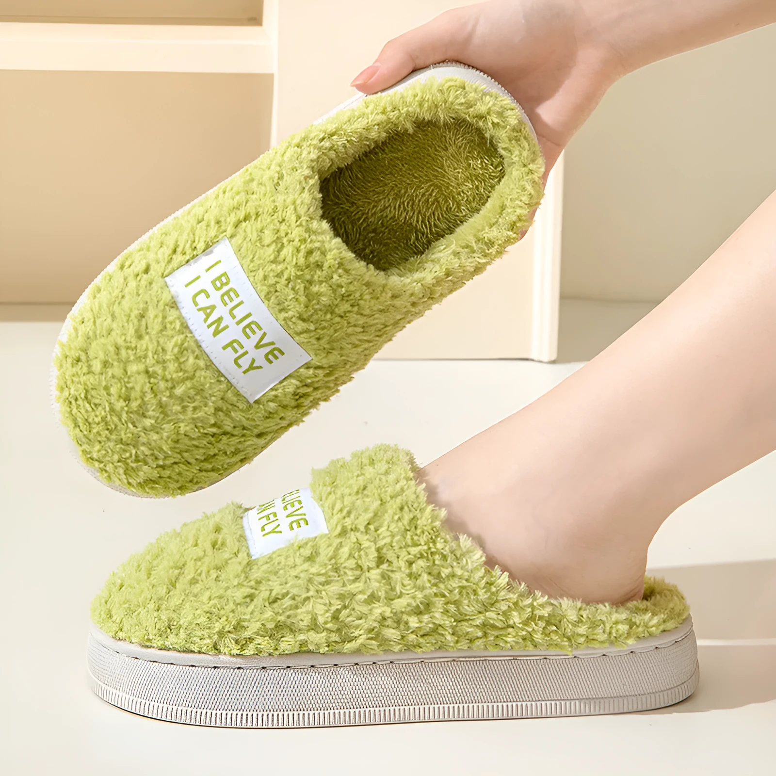 Letter design thick sole home slippers in dark grey with plush upper and non-slip PVC sole