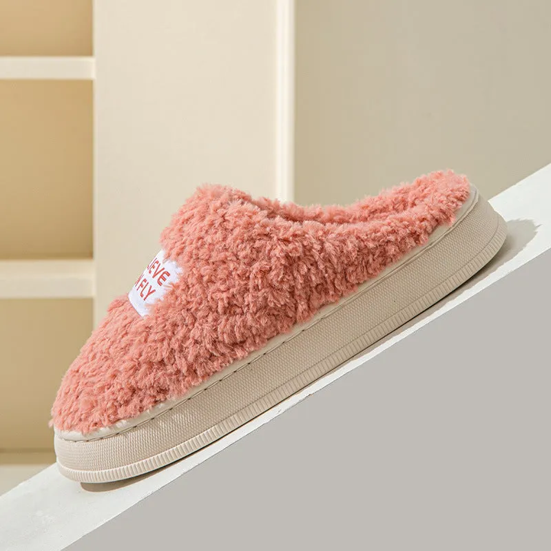 Letter design thick sole home slippers in dark grey with plush upper and non-slip PVC sole