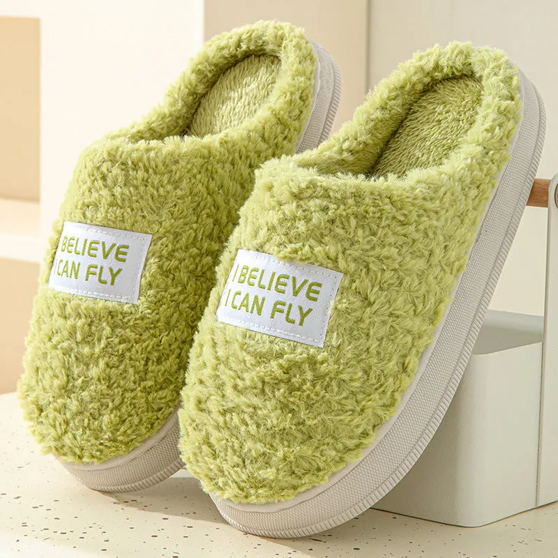 Letter design thick sole home slippers in dark grey with plush upper and non-slip PVC sole