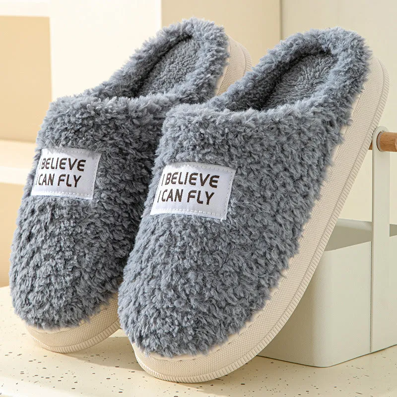 Letter design thick sole home slippers in dark grey with plush upper and non-slip PVC sole