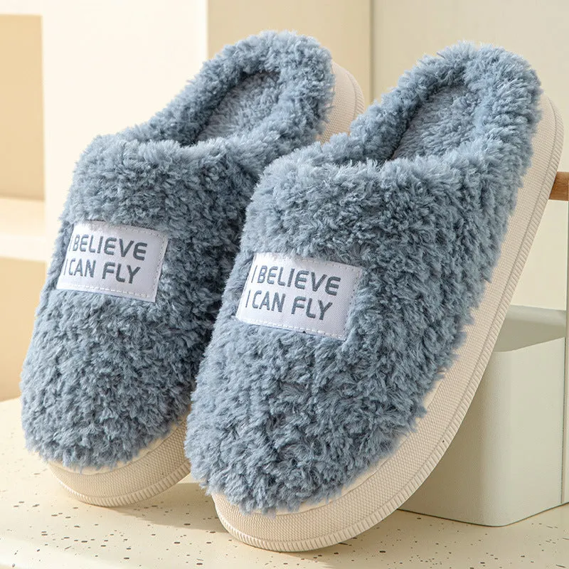 Letter design thick sole home slippers in dark grey with plush upper and non-slip PVC sole