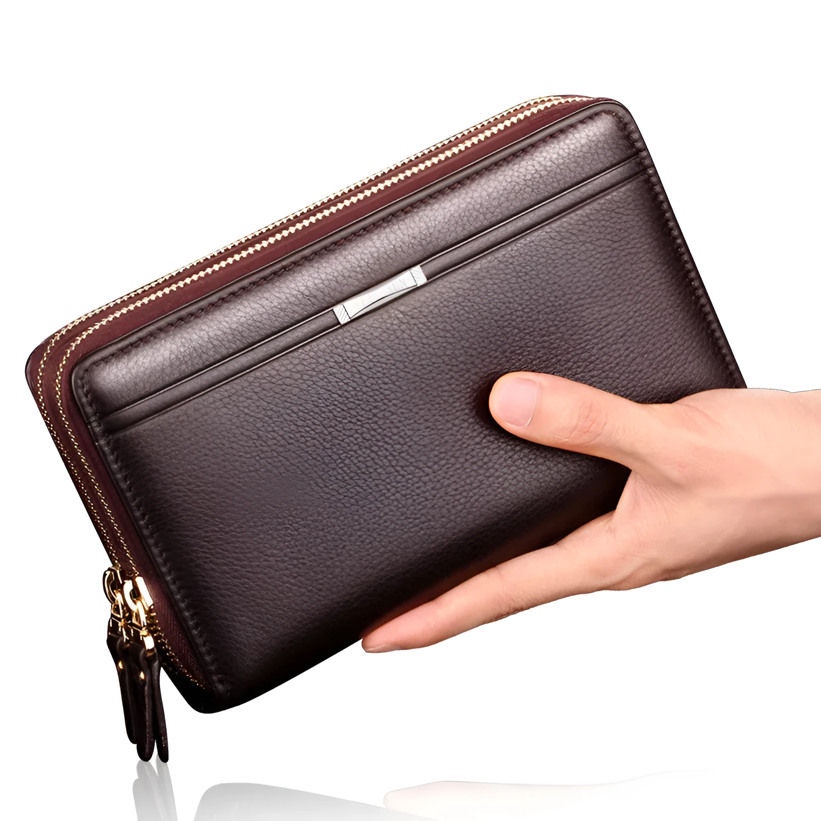 Men's PU leather handbag with zipper, compact 21cm size, black colour, cross-body style